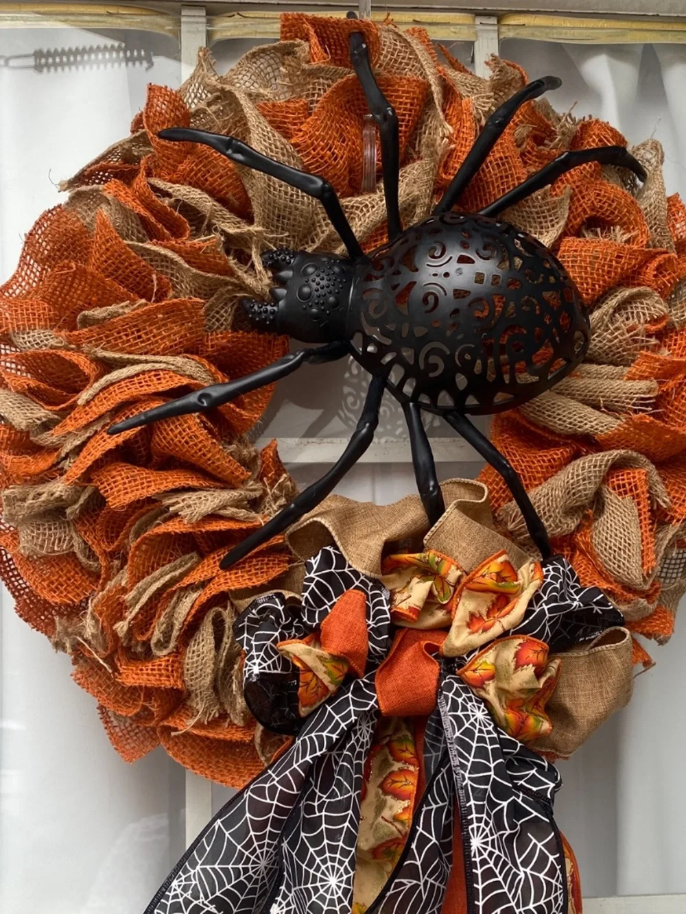 Spider Halloween Fall Door Wreath Burlap ribbon spiderweb Bow